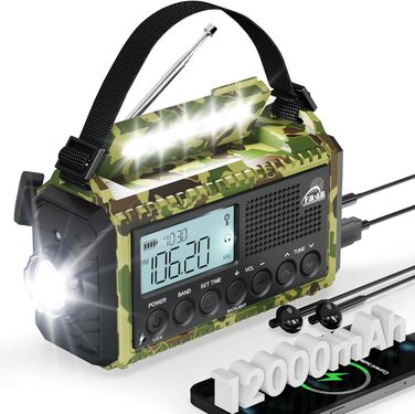 Радіо Kurbelradio на сонячній батареї та з ручкою, 12000mAh, AM/FM/SW, USB-зарядка, SOS-сигнал, ліхтарик, для кемпінгу та надзвичайних ситуацій, зелений камуфляж