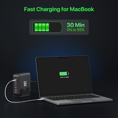 Зарядний пристрій USB-C 200W, 8 портів, GaN адаптер для MacBook Air/iPad/iPhone 15/16/Galaxy S23 - Чорний