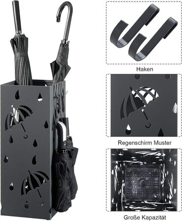 WOLTU Iron Umbrella Stand - Rectangular, 20x20x49cm - with Water Tray & 4 Hooks - Anthracite SST02an