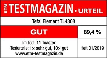 Tefal Element Long Slot Toaster TL4308 | 7 Browning Levels | 1000 Watts | Integrated Bagel Attachment | Elegant Design | Black/Stainless Steel Single