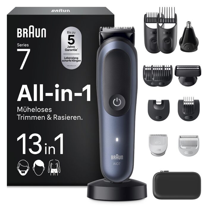 Braun Series 7 All-in-One AIO7545: Триммер для бороди, носа, волосся (13 в 1), сірий. Акумулятор 120 хв, 14 насадок (0.1-21 мм), водонепроникний