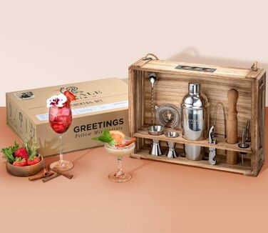 Набір бармена Mixology з підставкою та 25 рецептами коктейлів, сріблястий, в дерев'яній коробці - професійний набір для приготування коктейлів
