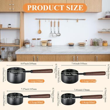 Measuring cup with wooden handle, black stainless steel measuring cup set, dog food scoop for kitchen, flour, spices, measuring, cooking (1, 1/2, 1/3, 1/4 cup)