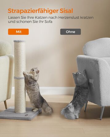 Feandrea Cat Tree, 85 cm tall, scratching post, 13 cm thick trunk, cat tree, scratching trunk for medium and large cats, sisal trunk, with plush ball and bell, Dove Gray PCA041G01
