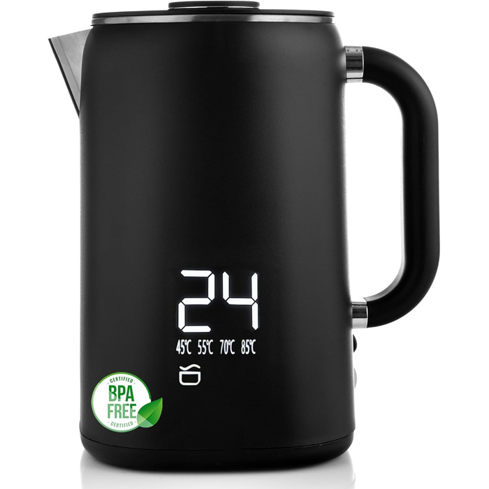 Електричний чайник-заварник Lehmann з нержавіючої сталі, 1,7 л, терморегуляція 45-100°C, з термостатом та дисплеєм, чорний