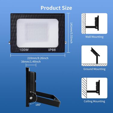 Viugreum 2 Pack 100W LED Flood Lights Outdoor 8000LM Outdoor Floodlight IP65 Outdoor Spotlight 5000K Floodlight Cold White Spotlight Floodlight with 50cm Cable for Backyard Driveway Garage Hallway