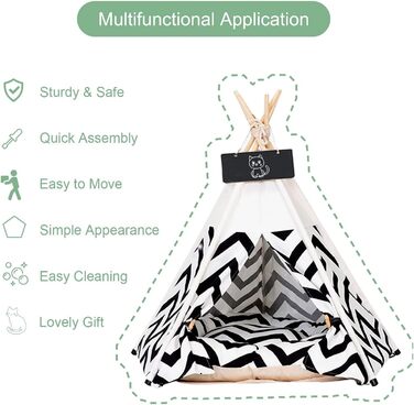 Палатка для тварин Tipi, 60x60x70 см: ліжко для собак та котів з двостороннім килимком, знімний та пральний дизайн