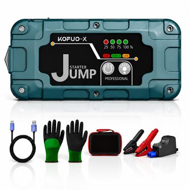 Бустер для автомобіля 7000А Jump Starter Powerbank 12V для бензинових (8л) та дизельних (6.5л) двигунів, пусковий пристрій з LED-ліхтарем та набором аксесуарів, зелений