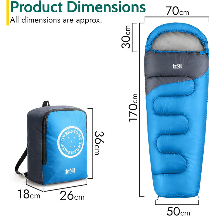 Дитячий спальний мішок Trail Mumienschlafsack 3 сезони для кемпінгу – 300gsm – для хлопчиків та дівчаток – з легким рюкзаком (Блакитний)