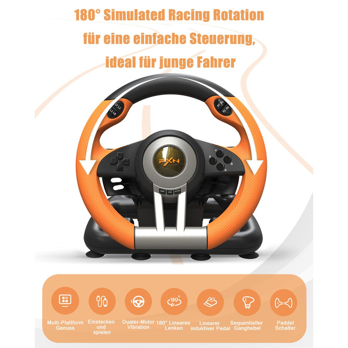 PXN V3 Pro - Геймерське кермо з педалями, 180°, вібрація, перемикач передач, paddle shift, для PC, PS4, PS3, Xbox, N Switch (Orange)