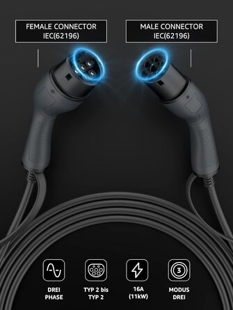 Кабель зарядки для електромобіля Bokman Typ 2, 11 кВт, 16A, 3 фази, 5 метрів, з сумкою та мікрофіброю