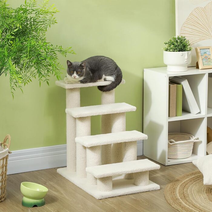 PawHut Pet Stairs Cat Stairs Dog Stairs Stairs for Cats and Dogs 4 Steps 63.5x43x60cm (Cream White)