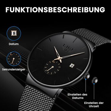 Годинник чоловічий LIGE Retro з нержавіючої сталі, водонепроникний, вінтажний, кварцовий, з датою, для бізнесу та повсякденного носіння. Чоловічі годинники (Золотий, Чорний)