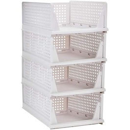 4 Pack Stackable Clothes Storage Baskets Organizer Sliding Door Drawer Shelf DIY Divider Desktop Container for Closet Wardrobe Kitchen Bathroom Office (white)