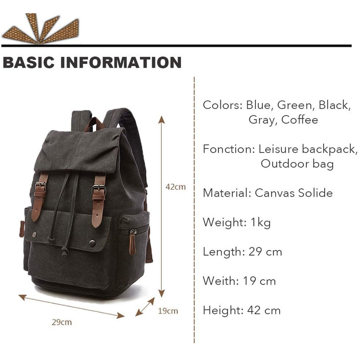 Canvas Backpack Vintage for Laptop Daypack Hiking Travel Large Capacity Bag Unisex (Black)
