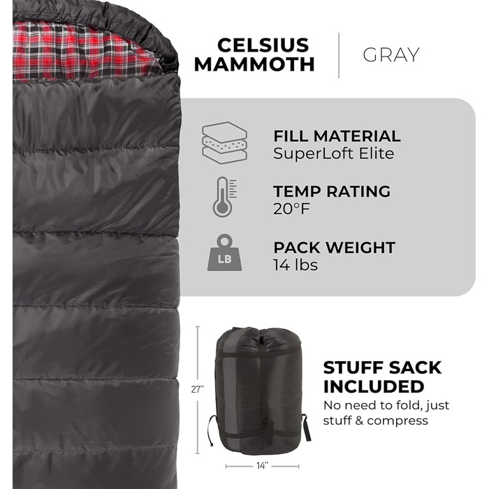 Сплячий мішок TETON Sports Celsius Regular, флісова підкладка, -18°C, 203 x 84 см (Сірий)