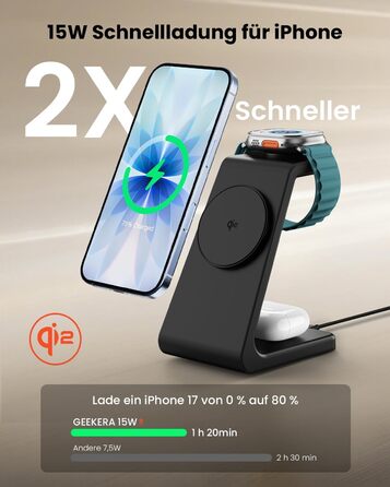 Зарядний пристрій GEEKERA 3 в 1 з підтримкою Qi2, 15W, для iPhone, Apple Watch, AirPods, чорний