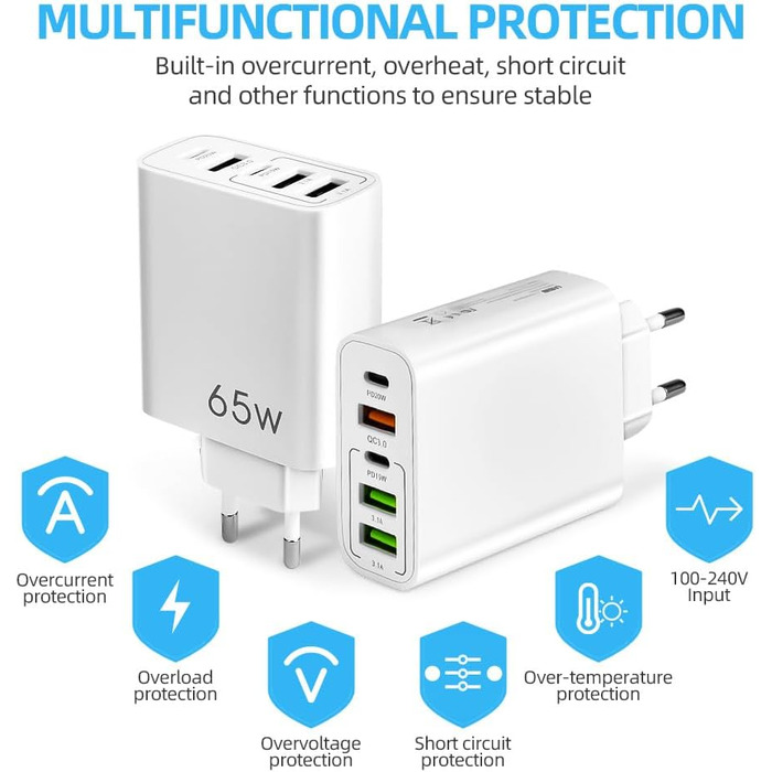 Мережевий адаптер AXFEE 65W 5-портовий з USB-C та USB-A, швидка зарядка PD 3.0 для iPhone 14 Pro Max 13, білий