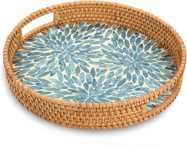Кругле ротангове піднос KOLWOVEN з ручками, сервірувальний піднос з інкрустацією перламутром і дерев'яною основою, декоративний кошик для сервірування та декору столу, синя квітка