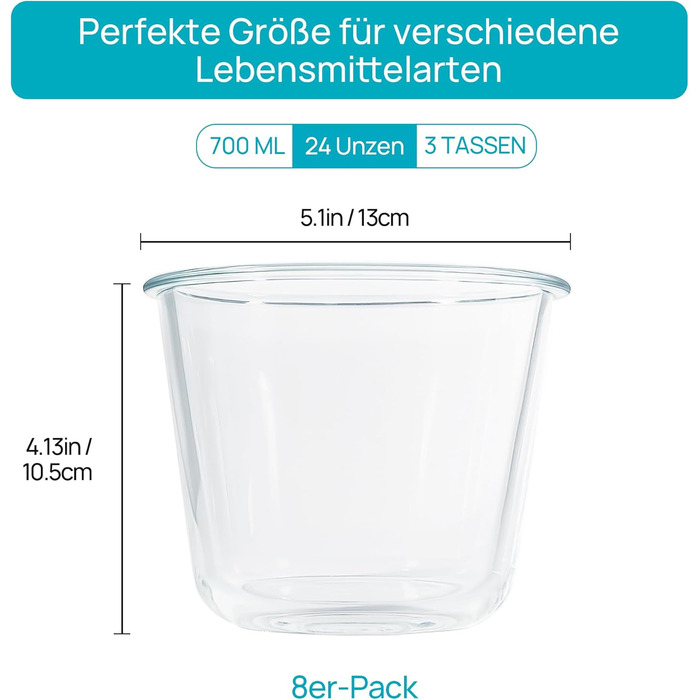 Набір контейнерів для їжі Vtopmart (15 шт.) з кришкою, скляні дозовані контейнери, для зберігання їжі, сумісні з мікрохвильовою піччю, морозильником та посудомийною машиною (6 шт. супових мисок)
