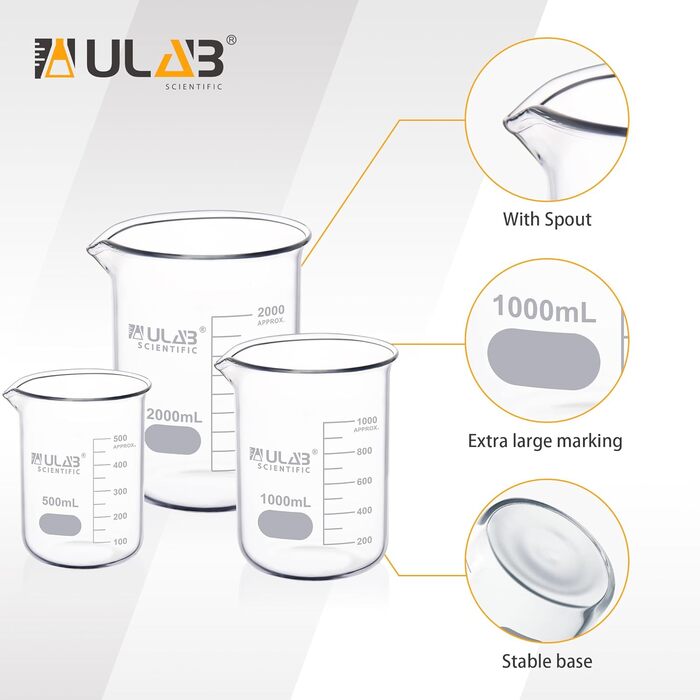 ULAB Scientific набір мірних склянок 500/1000/2000 мл, боросилікат 3.3, низька форма з градуюванням