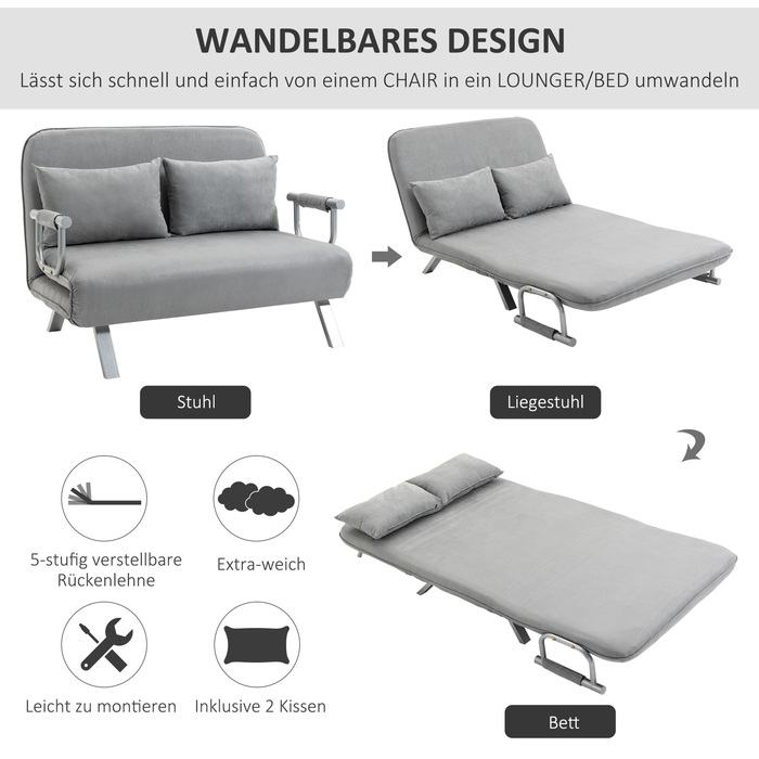 HOMCOM 2-Seater Sleeper Sofa with Bed Function & Cushion, Adjustable Sofa, up to 150kg, Light Grey | Aosom