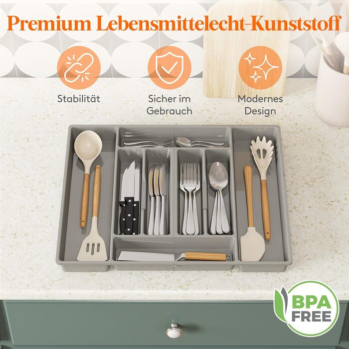 Органайзер для столових приборів Lifewit, 51.6x42 см, для 60 предметів, знімний тримач, пластиковий лоток для ложок, виделок, ножів у шухляду