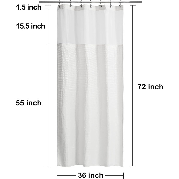 Штора для душу N&Y HOME з вафельної тканини з підкладкою та гачками, 180x183 см, біла - Готельний стиль, водонепроникна, важка тканина