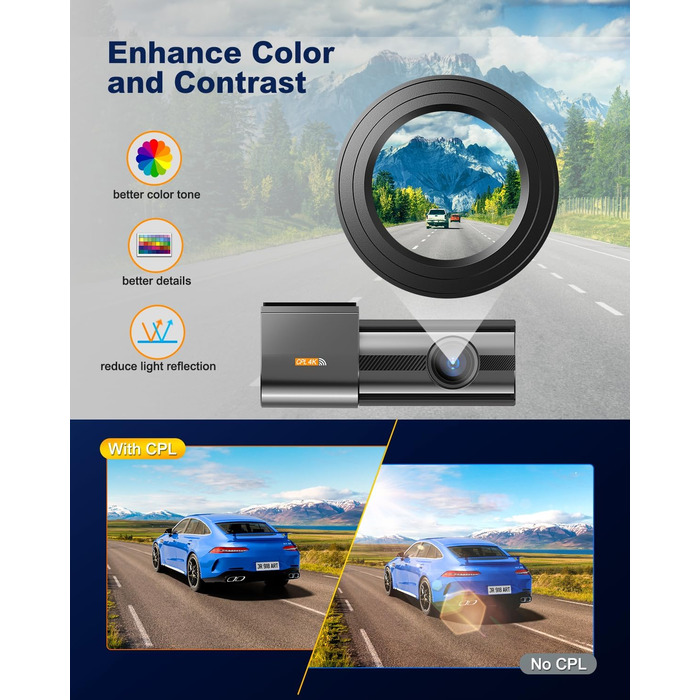 Відеореєстратор Auto Dashcam 4K WiFi з SD 64GB, 360° обертання, CPL, Super Night Vision, WDR, 170° та G-Sensor