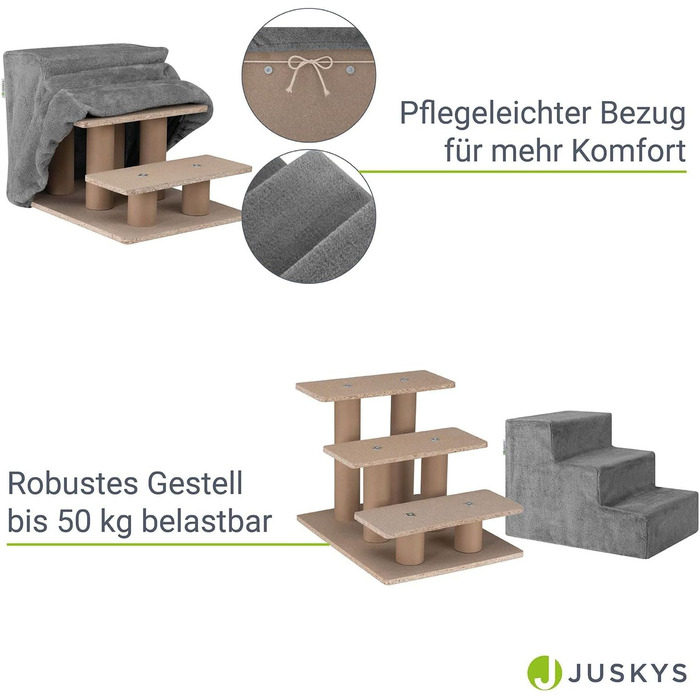 Juskys Pet Stairs Dog Stairs 36 cm - 3-Step Stairs, Washable Plush Cover - Cat Stairs Dog Ramp for Bed, Sofa, Couch and Car - Cover Grey