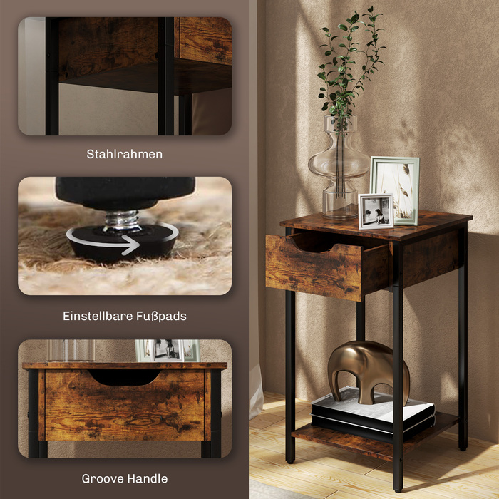 HOMCOM Side Table, Coffee Table in Industrial Design, Coffee Table with Steel Frame, for Living Room, Bedroom, 40 x 40 x 68 cm, Rustic Brown | Aosom