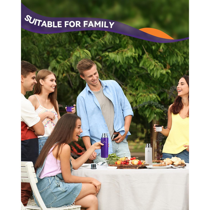 Термос-термокана з нержавіючої сталі SANTECO 1л, 500мл, не протікає, з кришкою-чашкою для подорожей. Термос для кави та чаю для дітей, спорту, без BPA, 24 години холод, 12 годин тепло (фіолетовий, 500 мл)