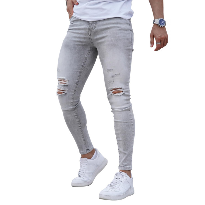 Чоловічі рвані джинси GINGTTO Skinny Stretch Slim Fit світло-сірі (34W/30L)
