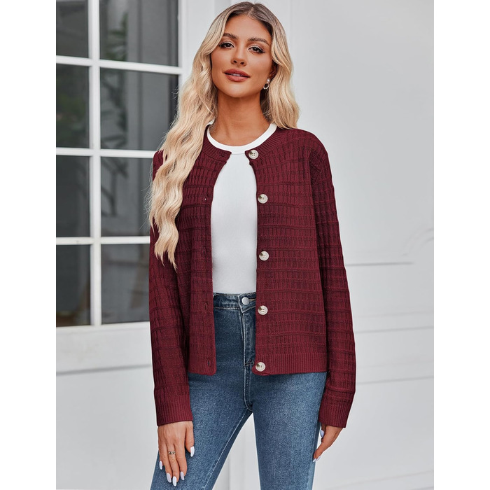 Жіноча в'язана жилетка Zeagoo з довгим рукавом, кардиган, круглий виріз, на ґудзиках, відкритий фасон, елегантний светр, жіночі в'язані жилетки, колір: бордовий