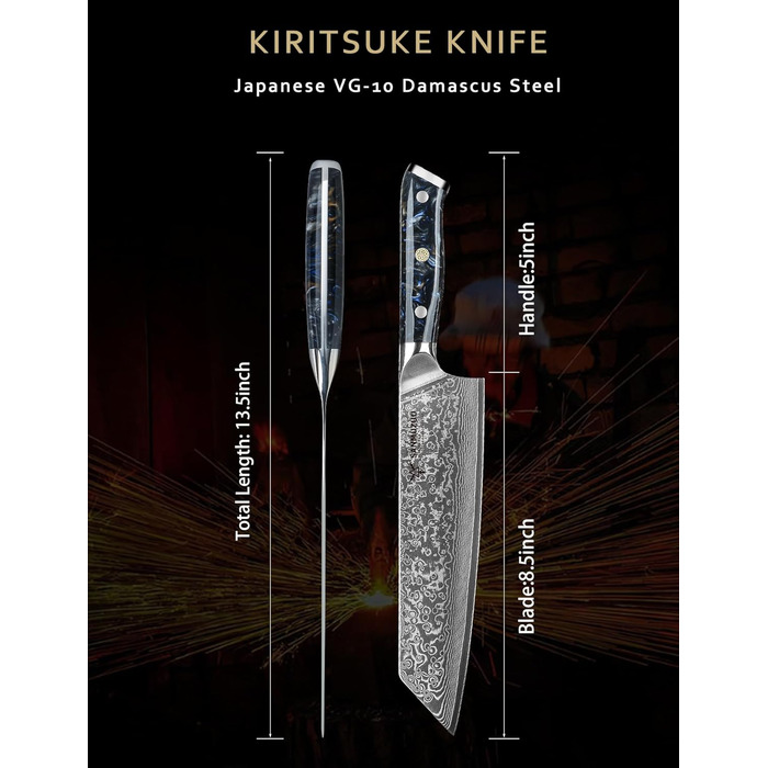 Ніж Kiritsuke Damast Xuan, 22 см, сталь VG10 Дамаск, ручка з смоли (сапфірово-синій) - Sternenschwarz