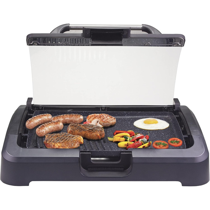 BEPER Electric Grill with Glass Lid - Non-Stick Coated Grill Plate, Stainless Steel, 2200W, Black
