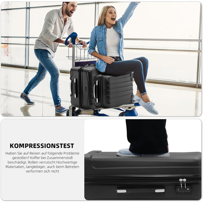 BEIBYE TSA Lock 2080 Twin Rollers 3-Piece Travel Suitcase Set Luggage Set Trolley Trolleys Hard Shell (Black)