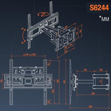 Кріплення для телевізора RICOO S6244: поворотне, настінне, для телевізорів 32-55 дюймів, до 45 кг, VESA 400x400, сумісне з OLED, Smart, Curved
