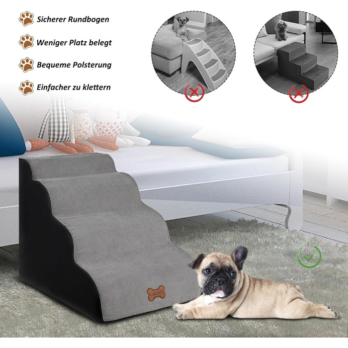 Сходинки для собак Caliyo, 4 сходинки, сірі. Сходи для собак та котів, 40 см, з миючим чохлом та неслизьким дном. Підходять для ліжка, дивану та авто (60×40×40 см)