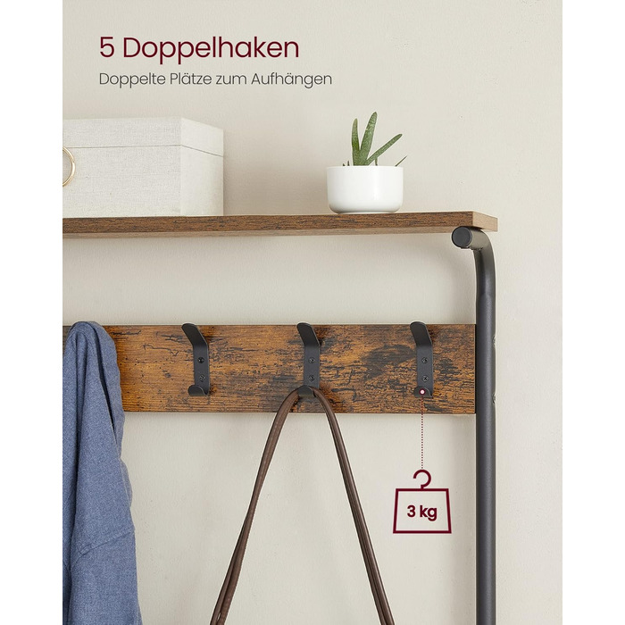 VASAGLE Coat Rack, Clothes Rack, Shoe Shelf, Wardrobe with 5 Double Hooks, 5 Shelves, One Top Shelf, for Apartments, Bedrooms, Hallways, Industrial Design, Vintage Brown-Black HSR408B01 (31.5 x 68 x 183.5 cm)