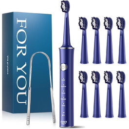 Електрична звукова зубна щітка JTF з очищувачем язика, 8 насадок, 5 режимів, Smart Memory, таймер 2 хв, IPX7, бездротова зарядка, для дорослих (блакитна) + очищувач язика