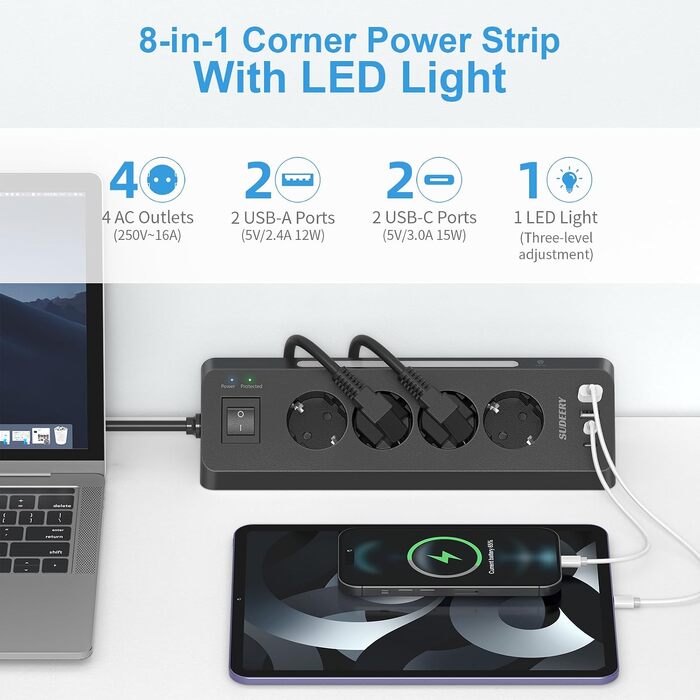 Кутовий мережевий фільтр з 4 розетками та 4 USB-портами, подовжувач з вимикачем, чорний