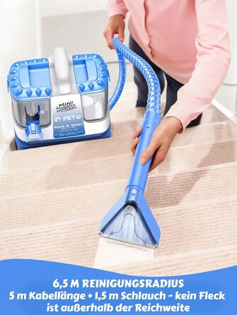 Портативний мийник для м'яких меблів, 600W, 16Kpa, 500мл розчин, 5 насадок. Для диванів, килимів, авто, сходи. Легкий, компактний, блакитний.