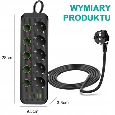 Мережевий фільтр (подовжувач) на 5 розеток, 4xUSB та 1xUSB-C, з окремими вимикачами — Чорний