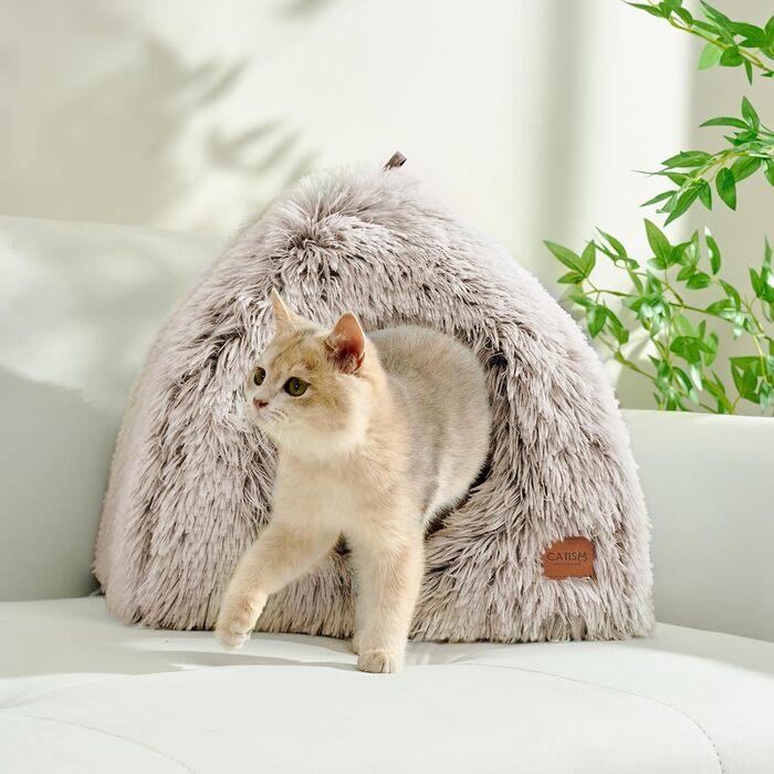 Cat Cave Cat Bed Cat House Cozy Cave 40x40cm Foldable Washable Comfortable Cat Sleeping Place for Cats Kittens Puppies with Removable Cat Head Pillow Beige (Coffee Brown-L)