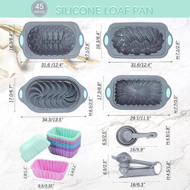 Tongjude 45-Piece Silicone Baking Molds Set, 6-Cup Silicone Baking Mold for Baking Bread, Ribbed Cupcake, Non-Stick Kitchen Baking Molds, with Measuring Cup and Spoon Set, gray