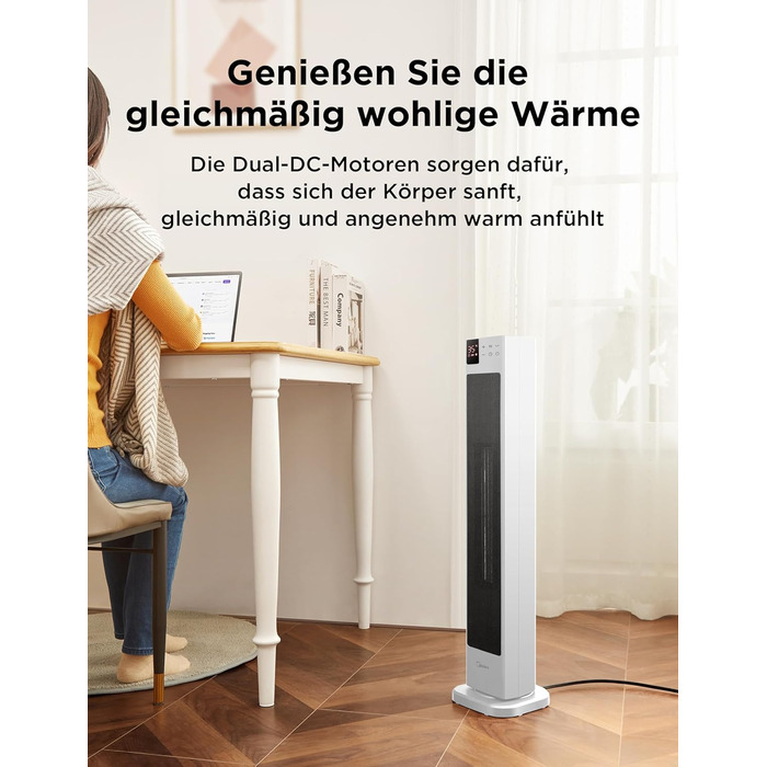 Midea NTH20-22GR(WH) Heater - Energy-Saving, Quiet with Remote Control, PTC 2000 Watt Ceramic Heater with Thermostat, 2 Heat Settings, 24H Timer, ECO Mode, for Large Rooms, 75° Oscillation, 76.5CM