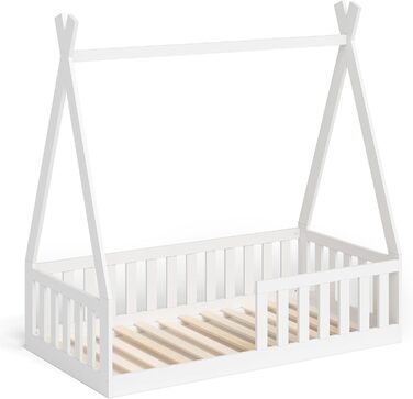 Bellabino Tajo Tipi Bed Base for Children 70x140 cm, House Bed made of Solid Pine Wood with Fall Protection/Fence and Slatted Frame in White for Children from 3 Years 70 x 140 cm White