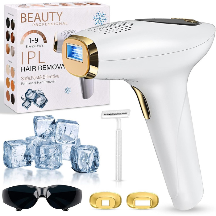 Пристрій для епіляції IPL з лазером та охолодженням, 3 функції (HR/SC/RA), 9 рівнів енергії, 999 999 імпульсів, для чоловіків/жінок/обличчя/бікіні/тіла (білий)