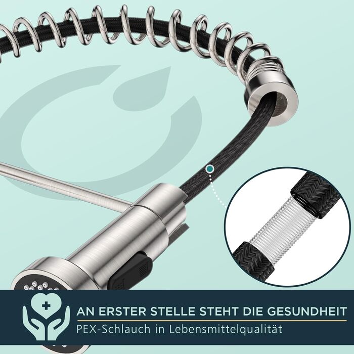 Змішувач кухонний FORIOUS висувний з душем, однорегуляторний, 360° обертання, нержавіюча сталь